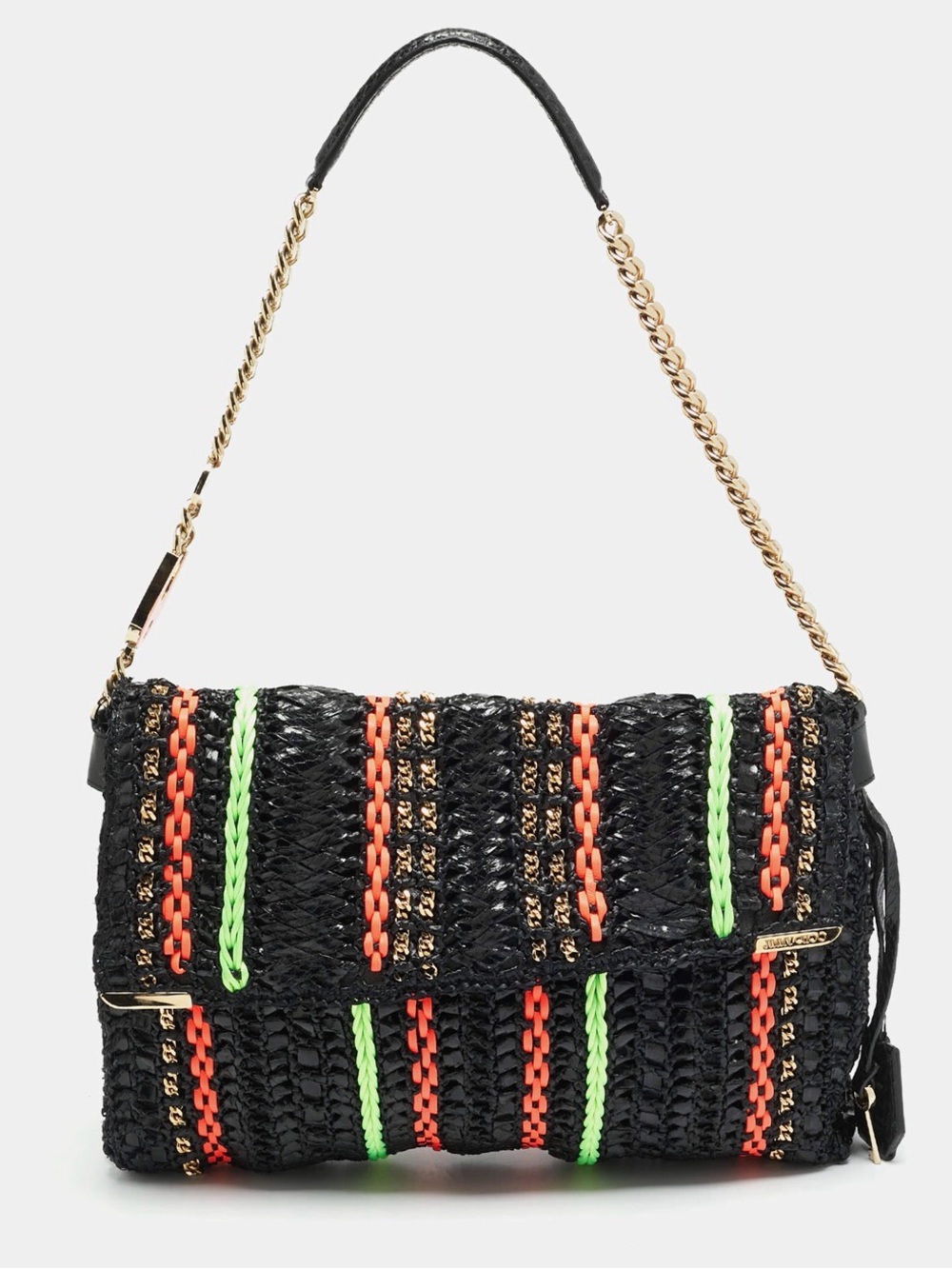 Jimmy Choo Black Woven Raffia and Snake Chain Shoulder Bag Neon Padlock Charm